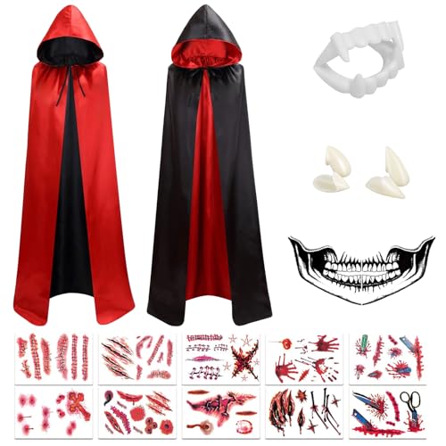 Vampir Umhang Schwarz Rot mit Kapuze, Kostüm für den Karneval der Kulturen, Teufel Kostüm für die ausgelassene Festivalstimmung, Halloween Tod Kultfaktor Hexe für Herren oder Damen (150CM) von Hook