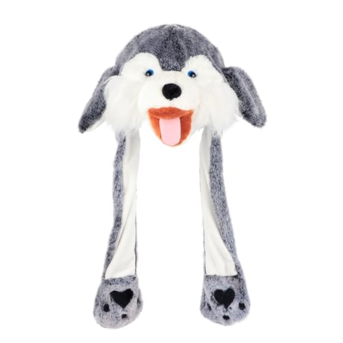 Hopearl Husky Hut mit Ohren Bewegen Springen Pop Up Schlagen Hut Plüsch Urlaub Cosplay Dress Up Lustiges Festival Geburtstagsgeschenk für Kinder Jungen Mädchen, grau, 56CM von Hopearl