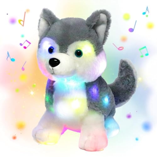 Hopearl LED Musical Gefüllte Husky Licht auf Singender Plüschhund Einstellbare Lautstärke Ruhen animierte Beruhigung Geburtstagsgeschenk für Kinder Boys Girls, Grau, 30.5cm von Hopearl