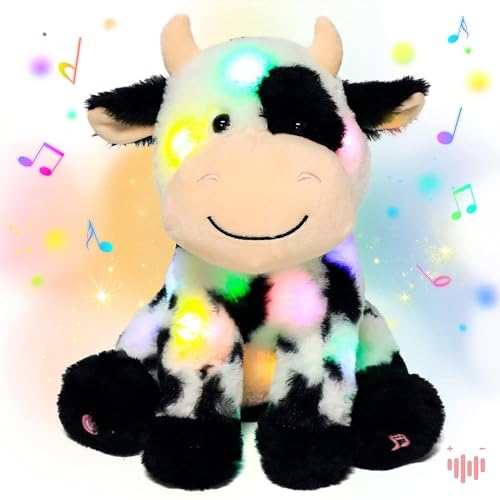 Hopearl LED Musical Stuffed Smile Cow Light up Singing Plush Toy Adjustable Volume Lullaby Animated Soothe Birthday Festival for Kids Toddler Girls, 28cm von Hopearl