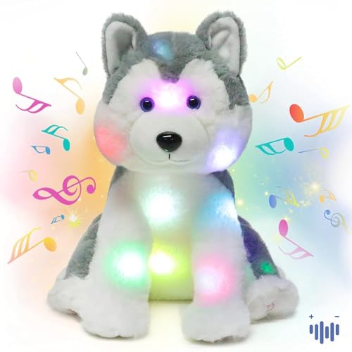 Hopearl LED-Musik-gefüllter Husky-Leuchten, singender Plüschhund, verstellbare Lautstärke, Wiegenlied, animiert, beruhigend, Geburtstagsfest für Kinder, Kleinkinder, Mädchen, grau, 30,5 cm von Hopearl