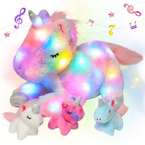 Hopearl LED Musikalische Gefüllte Einhorn Playset Leuchtet Singende Plüsch Spielzeug Mama Einhorn mit 3 Baby Einhörner in ihrem Bauch Geschenke für Kleinkinder Mädchen, Regenbogen, 48cm von Hopearl