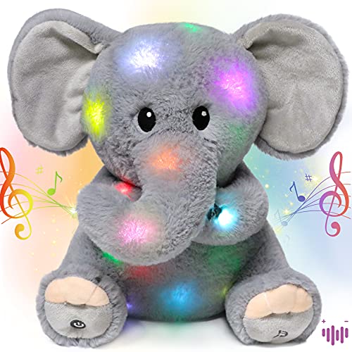 Hopearl LED-Plüschtier mit Musik, gefüllter Elefant, leuchtend, verstellbare Lautstärke, Schlaflied, animiert, beruhigend, Geburtstagsfest, für Kinder, Kleinkinder, Mädchen, Grau, 28 cm von Hopearl