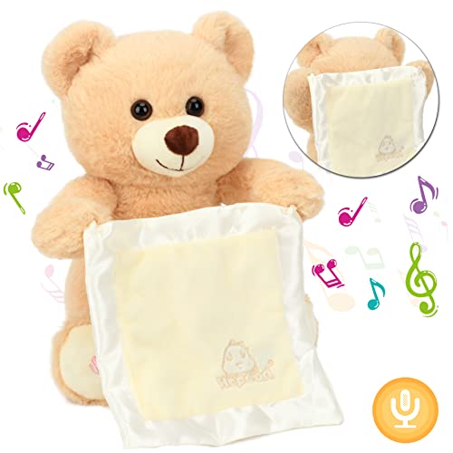 Hopearl Peek A Boo Bear mit Sicherheitsdecke Interaktiv Wiederholt, was Sie Sagen Plüsch Teddybär Spielzeug Musical Singen Sprechen Gefülltes Tier Entzückende Elektro Animate, Beige, 28cm von Hopearl