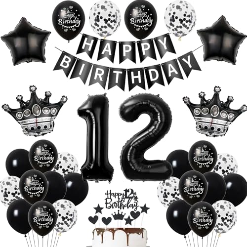 12. Geburtstag Dekoration Schwarz Tortendeko 12. Geburtstag Junge Luftballon 12 Geburtstag Mädchen Junge deko torte 12. Geburtstag Junge Mädchen Ballon Geburtstagsdeko 12 Jahre Mädchen Schwarz von Hopewey