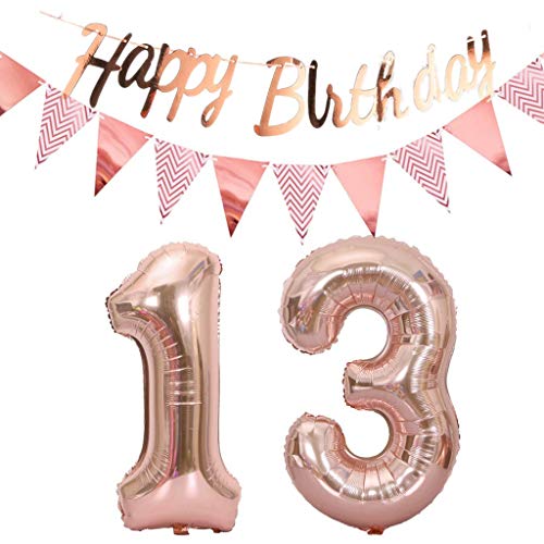 Luftballons 13.geburtstag deko rosegold+Happy Birthday Girlande +Wimpelkette 40"Zahlen Ballon 13 Luftballons 13 Jahre Geburtstag Dekoration Mädchen Geburtstagdeko13 Geburtstag deko rosegold set(13) von Hopewey