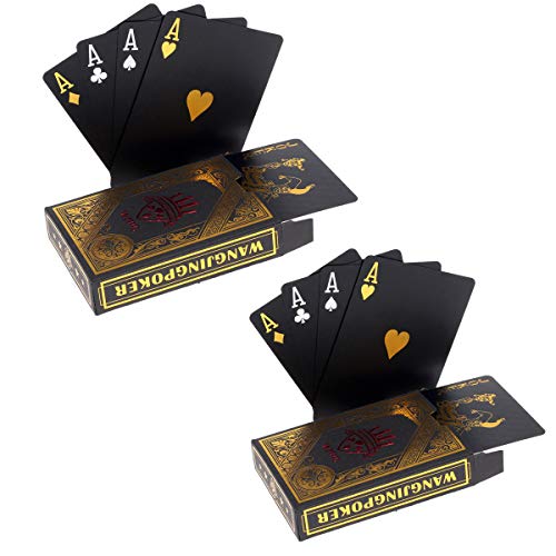 2 x Playing Cards Schwarze Wasserdichtes Pokerkarten Plastik Spielkarten aus PVC Profi Premium Spielkarten für Texas Holdem Poker - 2 Gold von Hopewey