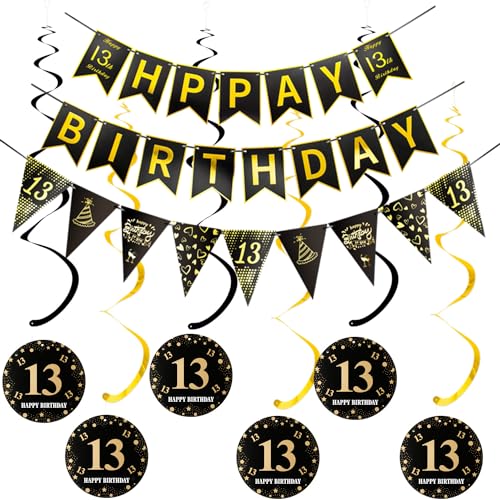 Happy 13th Birthday Banner +Dreiecksflaggen Happy Birthday Girlanden+ 13 Geburtstag Hängedeko Spiralen Set, Schwarz Gold 13.Geburtstag deko für Mädchen Junge,13. Geburtstag Hängedeko Deckenhänger von Hopewey