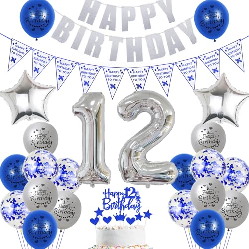 Hopewey Deko 12. Geburtstag Junge Mädchen Dekoration silber blau Tortendeko 12. Geburtstag Luftballons 12 Geburtstag Deko Junge 12. Geburtstag Junge Ballon Geburtstagsdeko 12 Jahre Junge silber von Hopewey