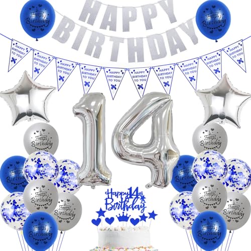 Hopewey Deko 14. Geburtstag Junge Mädchen Dekoration silber blau Tortendeko 14. Geburtstag Luftballons 14 Geburtstag Deko Junge 14. Geburtstag Junge Ballon Geburtstagsdeko 14 Jahre Junge silber von Hopewey