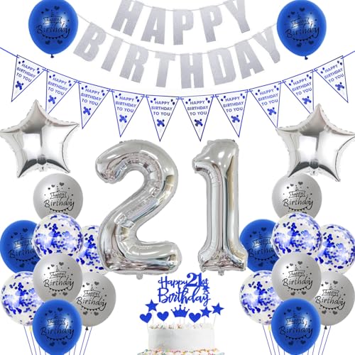 Hopewey Deko 21. Geburtstag Frauen Mann Dekoration silber blau Tortendeko 21. Geburtstag Mann Luftballons 21 Geburtstag deko 21. Geburtstag Männer Ballon blau Geburtstagsdeko 21 Jahre Mann silber von Hopewey