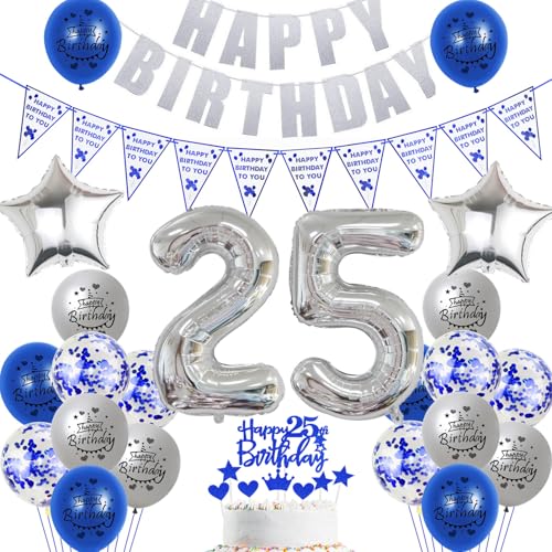 Hopewey Deko 25. Geburtstag Frauen Mann Dekoration silber blau Tortendeko 25. Geburtstag Mann Luftballons 25 Geburtstag deko 25. Geburtstag Männer Ballon blau Geburtstagsdeko 25 Jahre Mann silber von Hopewey