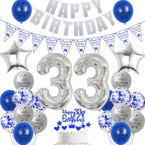 Hopewey Deko 33. Geburtstag Frauen Mann Dekoration silber blau Tortendeko 33. Geburtstag Mann Luftballons 33 Geburtstag deko 33. Geburtstag Männer Ballon blau Geburtstagsdeko 33 Jahre Mann silber von Hopewey