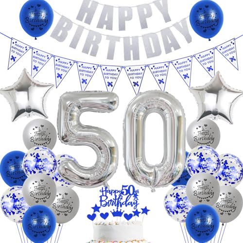 Hopewey Deko 50. Geburtstag Frauen Mann Dekoration silber blau Tortendeko 50. Geburtstag Mann Luftballons 50 Geburtstag deko 50. Geburtstag Männer Ballon blau Geburtstagsdeko 50 Jahre Mann silber von Hopewey