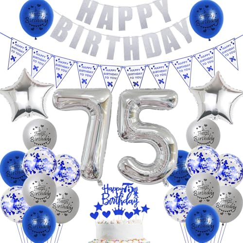 Hopewey Deko 75. Geburtstag Frauen Mann Dekoration silber blau Tortendeko 75. Geburtstag Mann Luftballons 75 Geburtstag deko 75. Geburtstag Männer Ballon blau Geburtstagsdeko 75 Jahre Mann silber von Hopewey