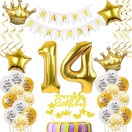 Luftballons 14. Geburtstag Junge Mädchen Deko gold Tortendeko 14. Geburtstag Junge Party Deko Weiß gold Geburtstagsdeko 14 Jahre Geburtstag dekoration Mädchen Junge 14. Geburtstag deko torte gold von Hopewey