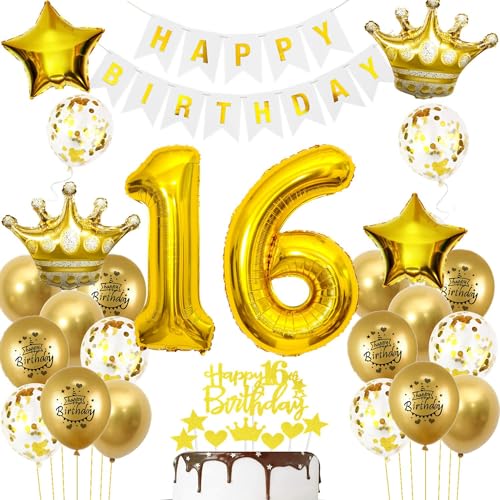 Luftballons 16. Geburtstag Junge Mädchen Deko Gold Tortendeko 16. Geburtstag Junge Party Dekoration Weiß gold Geburtstagsdeko 16 Jahre Mädchen Junge ballon Geburtstag deko 16. Geburtstag deko gold von Hopewey