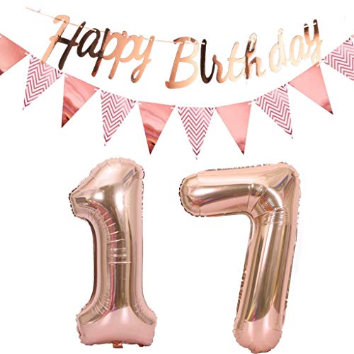 Luftballons 17.geburtstag deko rosegold+Happy Birthday Girlande +Wimpelkette 40"Zahlen Ballon 17 Luftballons 17 Jahre Geburtstag Dekoration Mädchen Geburtstagdeko17 Geburtstag deko rosegold set(17) von Hopewey