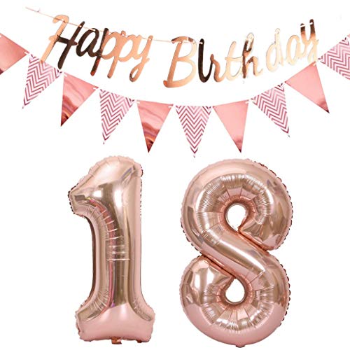 Luftballons 18.geburtstag deko rosegold+Happy Birthday Girlande +Wimpelkette 40"Zahlen Ballon 18 Luftballons 18 Jahre Geburtstag Dekoration Mädchen Geburtstagdeko18 Geburtstag deko rosegold set(18) von Hopewey