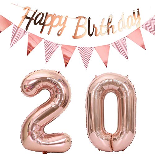 Luftballons 20.geburtstag deko frauen rosegold+Happy Birthday Girlande +Wimpelkette 40"Zahlen Ballon 20 Luftballons 20 Jahre Geburtstag Dekoration frau Geburtstagdeko 20 Geburtstag deko rosegold(20) von Hopewey