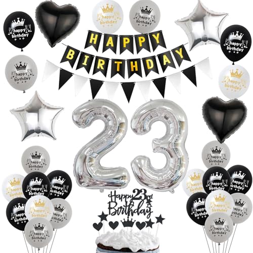 Luftballon 23. Geburtstag Dekoration Schwarz Silber Tortendeko Geburtstag 23 Jahre Mann kuchen deko 23 Geburtstag Frauen Mann,ballon 23. Geburtstag Männer Frauen,Geburtstagsdeko 23 Jahre Frauen von Hopewey