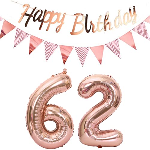 Luftballons 62.geburtstag deko frauen rosegold+Happy Birthday Girlande +Wimpelkette 40"Zahlen Ballon 62 Luftballons 62 Jahre Geburtstag Dekoration frau Geburtstagdeko 62 Geburtstag deko rosegold(62) von Hopewey