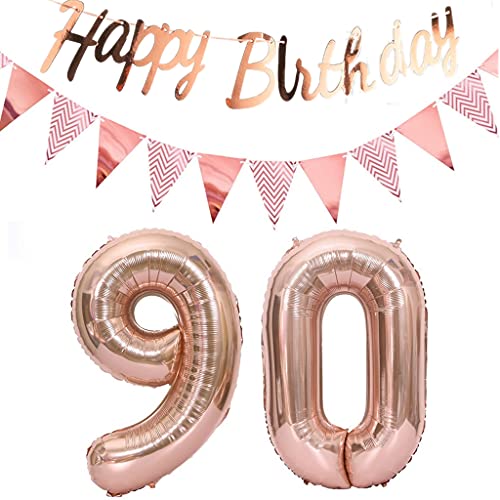 Luftballons 90.geburtstag deko frauen rosegold+Happy Birthday Girlande +Wimpelkette 40"Zahlen Ballon 90 Luftballons 90 Jahre Geburtstag Dekoration frau Geburtstagdeko 90 Geburtstag deko rosegold(90) von Hopewey