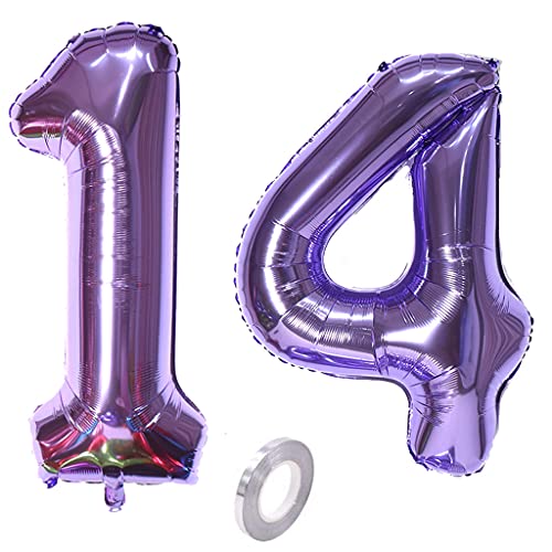 Luftballons Zahl 14, Zahl ballon 14 lila Luftballons 14. Geburtstag deko Mädchen Folienballon 14 Zahlballons 14 lila XXXL 40" Riese Aufblasbar Helium Ballon 14 jahre Geburtstag Deko Mädchen lila (14) von Hopewey