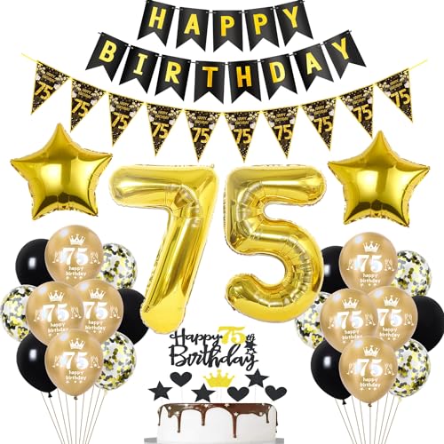 Schwarz Luftballon 75. Geburtstag Dekoration Gold Tortendeko 75. Geburtstag Frauen Mann Geburtstagsdeko 75 Jahre Mann Frauen Gold Folienballon 75 Geburtstag männer Ballon 75 Geburtstag Frau von Hopewey