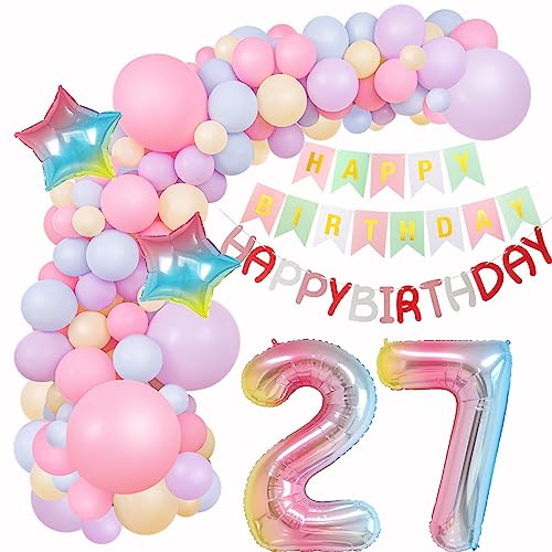 ballon girlande 27. Geburtstag Deko Macaron Rosa Lila Blau Gelb Luftballons girlande 27 .Geburtstag Frauen deko 27 Jahre Geburtstagdeko Happy Birthday Girlande bunt Deko 27. Geburtstag Frau von Hopewey