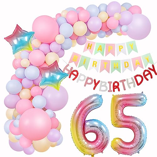 ballon girlande 65. Geburtstag Deko Macaron Rosa Lila Blau Gelb Luftballons girlande 65 .Geburtstag Frauen deko 65 Jahre Geburtstagdeko Happy Birthday Girlande bunt Deko 65. Geburtstag Frau von Hopewey