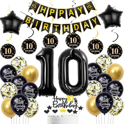 deko 10. geburtstag Jungen mädchen,schwarz gold luftballon 10. geburtstag deko Junge ,schwarz Tortendeko 10. geburtstag Happy Birthday girlande banner gold geburtstagsdeko 10 jahre Junge ballon von Hopewey