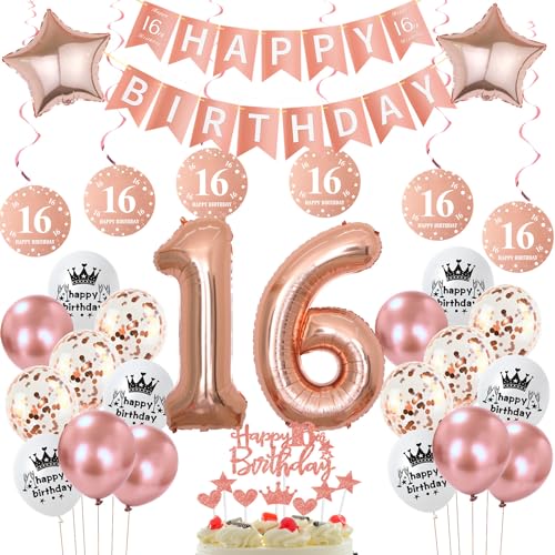 deko 16. geburtstag mädchen,rosegold luftballon 16. geburtstag deko mädchen ,Rosegold Tortendeko 16. geburtstag deko Happy 16th Birthday girlande banner geburtstagsdeko 16 jahre mädchen ballon von Hopewey