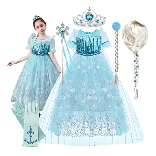 Faszinierendes Elsa Eiskönigin Kostüm für Mädchen: Prinzessin Faschingskostüm mit Pailletten, inspiriert von Frozen - Ideale Wahl für einzigartige Kinderkostüme (Set mit Perücke, 110/116 (120 cm)) von Hopki.pl