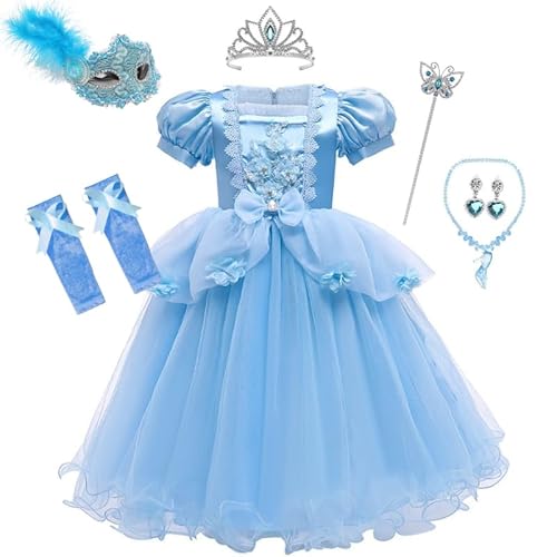 Hopki.pl Aschenputtel Kleid für Mädchen Prinzessin Cinderella Kostüm Kinder Fasching Verkleidung mit Zubehör Karneval Halloween (104/110 CM) von Hopki.pl