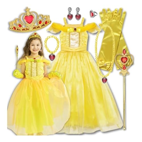 Hopki.pl Bella-Kostüm für Mädchen – Prinzessin Kleid mit Zubehörset für Fasching, Karneval und Märchen – Perfekt für kleine Fans von Die Schöne und das Biest (110/116 cm) von Hopki.pl