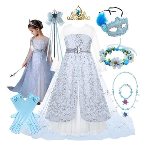 Hopki.pl Elsa Kostüm Mädchen - Faschingskostüme Kinder - Prinzessin Kleid mit Schleppe - Frozen Geschenke - Eiskönigin Spielzeug - Kostüm Kinder Mädchen (104/110 cm) von Hopki.pl