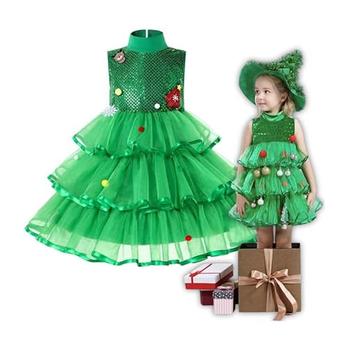 Hopki.pl Kinder Weihnachtsbaum Kostüm Weihnachten Sets Ball Dekor Rüschen Swing Kleid Outfits Lustige + Hut Cosplay Festival Kleidung (104/110 CM) von Hopki.pl