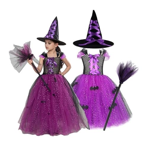 Hopki.pl Mystisches Kinder Hexenkostüm für Mädchen – Perfekt für Halloween, Karneval & Fasching! Tüllkleid mit Hexenbesen – Zauberhaftes Outfit für kleine Zauberinnen. (128/134 CM) von Hopki.pl