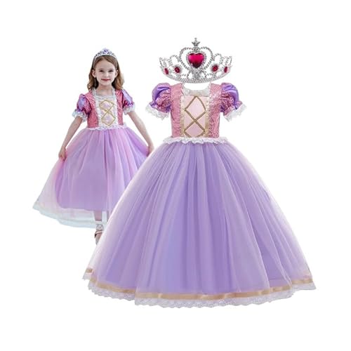 Hopki.pl Rapunzel Kostüm Kinder Mädchen – Faschingskostüme für Karneval, Prinzessin Kostüm, Perfekt für Bälle und Geburtstage (mit Krone, 116/122 CM) von Hopki.pl