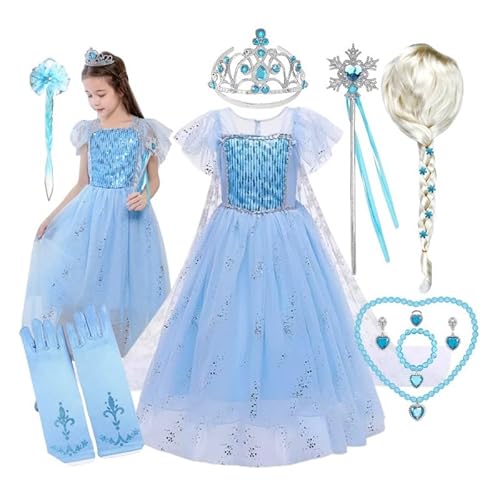 Magisches Elsa Kostüm für Mädchen - Perfekt als Faschingskostüm für Kinder, Prinzessin Kleider Mario-party. Von Frozen inspiriert. Faschingskostüm für Kinderkostüme Mädchen! (104/110 (110 cm)) von Hopki.pl