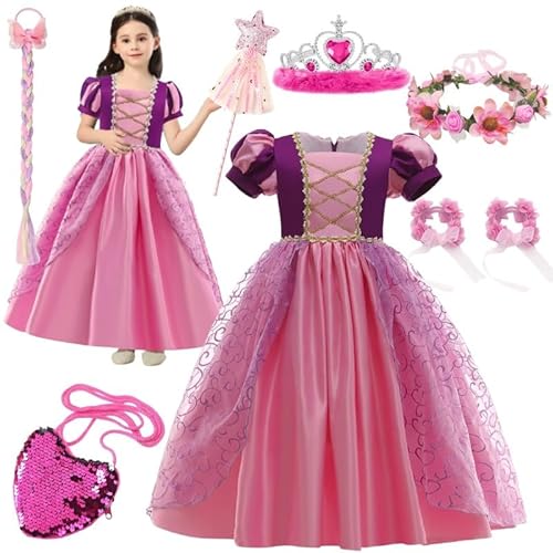 Magisches Rapunzel Prinzessin Kostüm für Mädchen – Disney Faschingskostüm Kinder mit Krone und Zubehör! Perfekt als Elsa, Cinderella oder Schneewittchen Verkleidung! (110/116 (110 cm)) von Hopki.pl