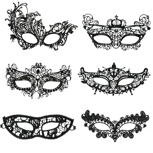 Hopodix 6 x venezianische Augenmasken aus venezianischer Spitze, für Party, Gothic, schwarze Masken, Halloween-Masken von Hopodix