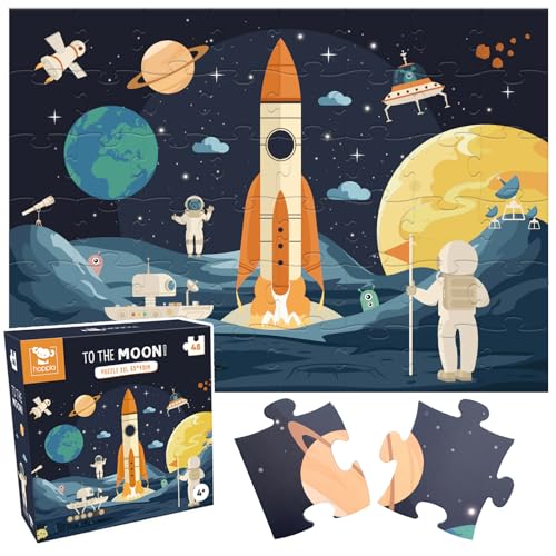 Hoppla - Kinder Weltraum Puzzle XL - to The Moon - Riesiges Puzzle, 69x49 cm - 48 Teile - Ab 4 Jahren - Raketen Puzzle, Universum, Mond, Planet - Jungen Geschenk von Hoppla