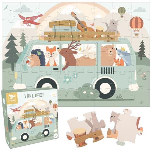 Hoppla - Kinderpuzzle XL - Van Life - Riesenpuzzle, 69x49cm - 48 Teile - ab 4 Jahren - Tierpuzzle, Van, Abenteuer, Gitarre - Geschenk für Jungen von Hoppla