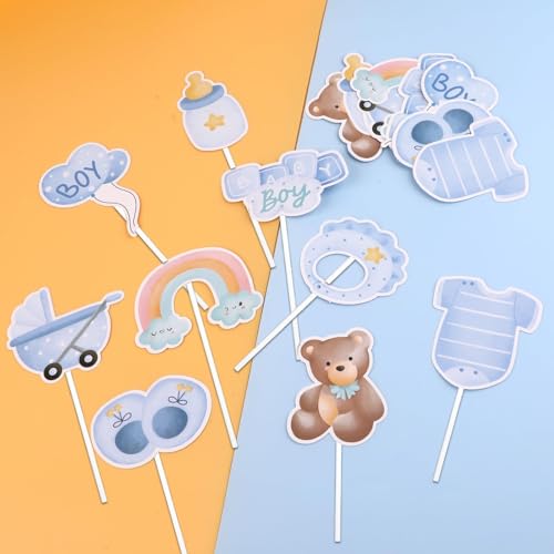 18 Stück Babyparty Tortendeko, Blue Baby Cake Topper Taufe für Babyparty Deko Junge, Cake Topper für Baby Shower Deco Tortendeko Junge Birthday Gender Reveal Party von Hopton