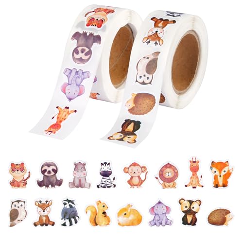 Tiere Sticker Rolle, 1000 Stück Runde Sticker Kinder, Reward Aufkleber Tiere, Self-Adhesive Tiersticker for Scrapbooking DIY Crafts Journal School Home(16 Tier Patterns) von Hopton