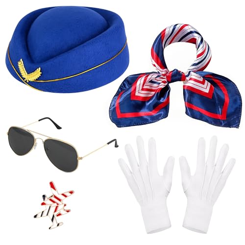 Horolam 5PCS Frauen Flugbegleiterin Kostüm Zubehör, Stewardess Kostüm Zubehör mit Hut Schal Handschuhe Sonnenbrille von Horolam