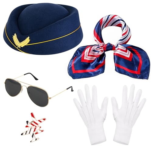 Horolam 5PCS Frauen Flugbegleiterin Kostüm Zubehör, Stewardess Kostüm Zubehör mit Hut Schal Handschuhe Sonnenbrille (marineblau) von Horolam