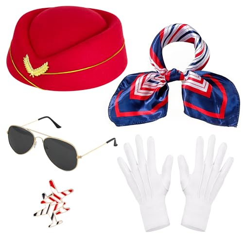 Horolam 5PCS Frauen Flugbegleiterin Kostüm Zubehör, Stewardess Kostüm Zubehör mit Hut Schal Handschuhe Sonnenbrille (rot) von Horolam